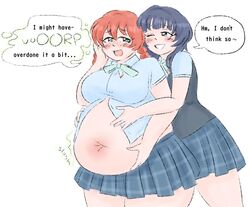 2girls big_belly blush burp burping open_shirt overweight overweight_female red_hair sloshing_(artist)