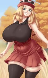 1girls aged_up alternate_breast_size blonde_hair blue_eyes breasts clothed dotil female game_freak hat hi_res hips huge_breasts light-skinned_female light_skin long_hair naughty_face nintendo pokemon pokemon_xy serena_(pokemon) serena_(pokemon_games) short_skirt skirt sleeveless smile thick_thighs thighs wide_hips