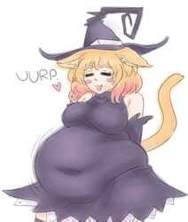 :3 blush burp burping cat_ears cat_girl cat_tail gigantic_belly heart sloshing_(artist) witch_hat witch_outfit