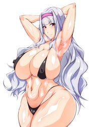 1girls armpit_crease armpits big_breasts bikini black_bikini breasts cleavage curvy erect_nipples_under_clothes eyebrows eyebrows_visible_through_hair eyes female female_only hair hairband hands_behind_head hips huge_breasts idolmaster itomaruzz large_breasts long_hair looking_at_viewer musk navel purple_eyes shijou_takane silver_hair simple_background smile smiling_at_viewer solo solo_female steam stomach thick_thighs thighs voluptuous white_background wide_hips