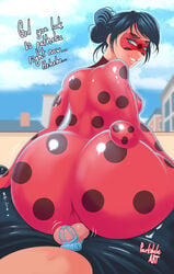 1boy 1girls adrien_agreste ass bodysuit buttjob cat_noir chastity chastity_cage chastity_device covered_buttjob english_text female femdom femdom_caption from_behind huge_ass ladybug_(character) looking_at_viewer looking_back male male_pov malesub marinette_cheng marinette_dupain-cheng miraculous_ladybug parkdale pov small_penis small_penis_humiliation smile straight text tiny_penis unseen_male_face