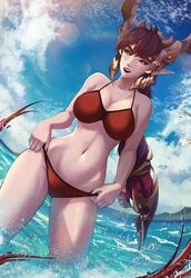 1girls 2d abs beach big_breasts bikini brown_hair cawfield female female_focus female_only highres holding_panties long_hair paladins pale-skinned_female pale_skin partially_submerged red_bikini sky thick_thighs vora_(paladins) wide_hips yellow_eyes