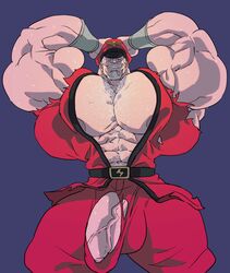 abs balls bara belt blank_eyes body_hair bulge capcom chest_hair facial_hair flaccid half-erect hat human hyper hyper_balls hyper_muscles hyper_penis looking_at_viewer looking_down m_bison male_only muscles muscular muscular_male nipples penis penis_peek remert ripped_clothing sleeveless_shirt smile smiling solo solo_male street_fighter sweat sweating sweaty sweaty_penis unbuttoned_shirt vein veins veiny_penis white_hair