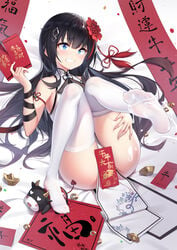 armpit_crease ass bare_shoulders black_hair black_ribbon blue_eyes breasts china_dress chinese_clothes clenched_teeth cum dress feet female flower hair_flower hair_ornament hand_on_own_thigh hand_up highres holding k.t.cube legs_up long_hair looking_at_viewer lying medium_breasts no_shoes on_back original pelvic_curtain ribbon sleeveless sleeveless_dress smile solo teeth thighhighs thighs white_dress white_legwear