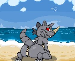 2020 anthro anus ass beach biped detailed_background digital_media_(artwork) female genitals grey_body grey_skin horn imactuallygarbage kneeling looking_back nintendo pixel_art pokémon_(species) pokemon pokemon_(species) presenting presenting_hindquarters pussy raised_tail rear_view red_eyes rhydon sea seaside smile solo solo_focus video_games water