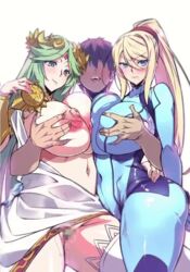 1boy 2girls animated bangs belly belly_button blinking blonde_hair bodysuit breast_grab breast_squish breasts breasts_out censored commission cowboy_shot double_breast_grab embarrassed exposed_pussy faceless_male fondling frown gif grabbing green_eyes green_hair grin group hand_on_breast hands_on_breasts kid_icarus light-skinned_male light_skin long_hair metroid nintendo nipples nipples_visible_through_clothing palutena ponytail pubic_hair pussy s_doubt90 samus_aran smile soft_breasts standing stomach suhamaya super_smash_bros. thick_thighs thighhighs white_background wide_hips zero_suit zero_suit_samus