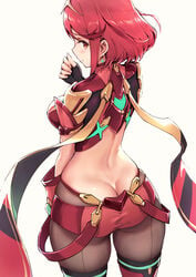 1girls amber_eyes ass ass_cleavage blush butt_crack earrings exposed_back fingerless_gloves hair_ornament haoni looking_at_viewer looking_back nintendo pyra red_hair short_hair short_shorts skindentation solo solo_female super_smash_bros. tiara tights xenoblade_(series) xenoblade_chronicles_2