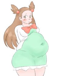 big_belly blush brown_eyes brown_hair cute embarrassed fat_ass game_freak hands_behind_back jasmine_(pokemon) nintendo pokemon pokemon_gsc sloshing_(artist) tight_clothing white_background