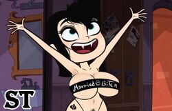 1girls accurate_art_style armpits arms_up black_hair blue_eyes cleavage crop_top disney disney_channel edit edited fangs hotel_transylvania hotel_transylvania:_the_series human mavis_dracula navel pale_skin pubic_hair queen_of_spades screencap screenshot screenshot_edit sexually_suggestive skimpy_bikini sony sony_pictures_animation spade steca sweatdrop sweating tattoo thelazyart thong