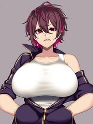 1girls annoyed annoyed_expression big_breasts camui_kamui_(hz_666v) cute dyed_hair female female_only hands_in_pockets huge_breasts jacket large_breasts light-skinned_female light_skin magenta_eyes magenta_hair nichiko_(camui_kamui) original short_hair solo voluptuous