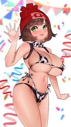 1girls aged_up alternate_breast_size big_breasts bikini blush brown_hair cow_bikini cow_print curvy_figure eye_contact female green_eyes huge_breasts large_breasts looking_at_viewer nintendo older pokemon pokemon_sm selene_(pokemon) short_hair solo standing sumisumii thighs