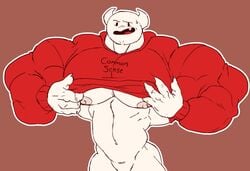 abs bara blush embarrassed facial_tuft gay hoodie horns hyper hyper_muscles male male_only muscles muscular muscular_male nipples pantless remert sharp_nails solo somethingelseyt sweatdrop undressing