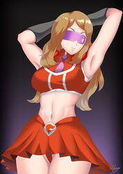 armpits belly_button brown_hair corruption enemy_conversion female fully_clothed glasses haryudanto midriff mind_control nintendo pink-tinted_eyewear pokemon pokemon_xy purple-tinted_eyewear serena_(pokemon) skirt solo team_flare tie tinted_eyewear visor visor_(eyewear) visor_glasses