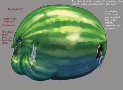 after_transformation beltpop deadman_wonderland dialogue fruit_transformation full_body_inflation immobile inflation laying_on_stomach makina_(deadman_wonderland) mostly_nude sequence spherical_inflation sunken_head sunken_limbs torn_clothes watermelon