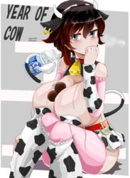 between_breasts chocolate cow_girl cow_print huge_breasts milk milk_bottle odakubara ruby_rose rwby tagme