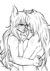 2girls ahri angry animal_ears bearhug black_and_white breast_press catfight competition fighting huge_breasts league_of_legends long_hair lulu_the_fae_sorceress mutual_bearhug sexfight symmetrical_docking wrestling yuri