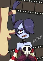 1girls clothed clothing duo ear_fuck ear_penetration female hair_over_on_eye male male_penetrating open_mouth penis purple_hair red_eyes renaspyro short_hair sideboob skullgirls squigly zombie_girl