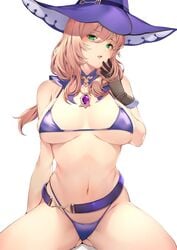 belt bikini brown_hair collar genshin_impact gloves green_eyes hand_to_mouth hat jewelry large_breasts lisa_(genshin_impact) long_hair midriff navel thick_thighs thong witch_hat