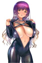 areola_slip blush bodysuit breath brown_hair cowboy_shot female female_only female_solo gradient_hair hijiri_byakuren huge_breasts long_hair looking_at_viewer navel no_bra open_mouth pink_nails poko_(mammypoko) presenting_breasts purple_hair shiny_hair shiny_skin skin_tight tongue touhou turbo_byakuren undressing unzipped unzipped_bodysuit visible_breath white_background yellow_eyes