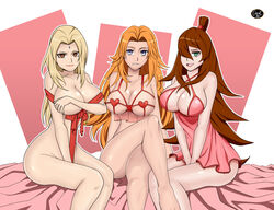 3girls bare_shoulders barefoot bed big_breasts bleach blonde_hair blue_eyes breasts brown_eyes brown_hair busty cleavage closed_legs crop_top crossed_legs crossover cutout dress exposed_breasts facial_mark feet female female_only forehead_mark green_eyes heart_pasties huge_breasts koniak007 legs lingerie lipstick long_hair looking_at_viewer makeup matsumoto_rangiku mei_terumi mole mole_under_mouth naruto naruto_(series) naruto_shippuden negligee on_bed orange_hair red_lingerie revealing_clothes ribbon sitting take_your_pick tsunade