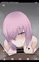 1boy :>= absurdres bar_censor blush breasts censored cheating chihel dark-skinned_male dark_skin deep_blowjob deepthroat fate/grand_order fate_(series) fellatio female hair_over_one_eye highres interracial large_breasts large_penis looking_at_viewer mash_kyrielight netorare oral penis purple_eyes purple_hair queen_of_spades recording short_hair spade stray_pubic_hair tongue tongue_out uncensor_request