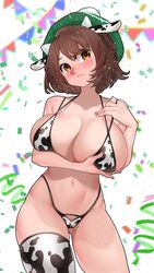 1girls aged_up alternate_breast_size big_breasts bikini blush brown_hair cow_bikini cow_ears cow_horns cow_print curvy_figure eye_contact female gloria_(pokemon) grabbing_own_breast hat huge_breasts human large_breasts looking_at_viewer nintendo older pokemon pokemon_ss short_hair solo standing sumisumii thick_thighs thighhighs thighs thong yellow_eyes