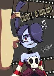 clothed cum_in_ear cum_inside duo ear_fuck ear_penetration female hair_over_on_eye male_penetrating purple_hair red_eyes renaspyro short_hair sideboob skullgirls squigly zombie_girl