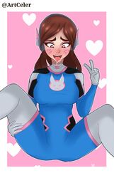 ahe_gao big_breasts celer_art d.va female fully_clothed hearts_on_eyes legs long_hair mind_break overwatch