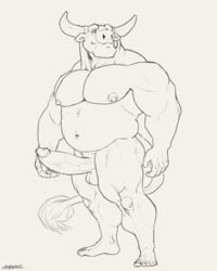 4:5 anthro ass balls belly biceps big_penis bovid bovine cattle chubby_male erection feet genitals hi_res horn male mammal musclegut muscular muscular_anthro muscular_male nipples papyreit pecs penis slightly_chubby solo vein veiny_penis