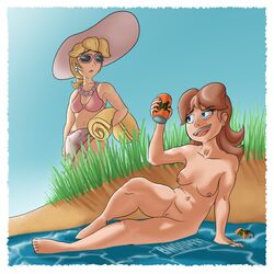 2girls areolae beach bikini_top blonde_hair breasts brown_hair bwooper1 female female_only mario_(series) multiple_girls nintendo nude princess_daisy princess_peach public_nudity pussy small_breasts super_mario_bros. super_mario_odyssey