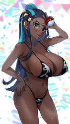 1girls alternate_breast_size big_breasts bikini blue_eyes blue_hair cow_bikini cow_print curvy_figure eye_contact female holding_poke_ball huge_breasts large_breasts long_hair looking_at_viewer nessa_(pokemon) nintendo pokemon pokemon_ss solo standing sumisumii thong two_tone_hair