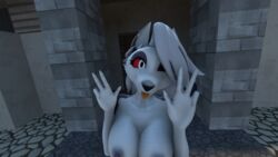 1girls 3d anthro breasts canid_demon closed_eye female fur furry grey_hair hellhound helluva_boss loona_(helluva_boss) meinmate nipples nude peace_sign solo source_filmmaker tagme tongue_out vivienne_medrano white_fur wink wold