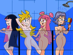 4girls ami_onuki asian asian_female blonde_hair breast cartoon_network casual crossover curvaceous deviantart eastern_and_western_character female female_focus female_only gainax hi_hi_puffy_amiyumi human japanese javidluffy long_hair multiple_girls neckwear nude nude_female panty_&_stocking_with_garterbelt panty_anarchy pink_hair purple_hair showering stocking_anarchy thick_thighs wide_hips yumi_yoshimura