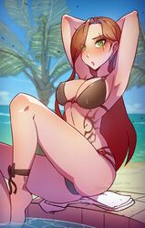 1girls 2021 arms_behind_head beach bikini black_bikini blush bow eye_scar eye_visible_through_hair feet_in_water first_post_of_artist green_eyes himmely katarina_du_couteau league_of_legends looking_at_viewer patreon_username pool poolside red_hair solo swimsuit tattoo towel