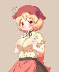 1girls animated apron arinu black_neckwear blonde_hair blouse blush breast_squeeze breasts brown_background female food_themed_hair_ornament grape_hair_ornament hair_ornament hat looking_at_viewer minoriko_aki neck_ribbon no_sound red_eyes ribbon self_fondle short_hair short_sleeves simple_background smile smug solo touhou ugoira video waist_apron webm yellow_blouse