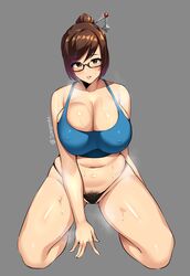 1girls belly big_breasts blush brown_eyes brown_hair eye_contact female glasses grey_background huge_breasts kneeling large_breasts looking_at_viewer mei_(overwatch) nipple_bulge overwatch pubic_hair sole_gem solo sweat thick_thighs thighs thong voluptuous