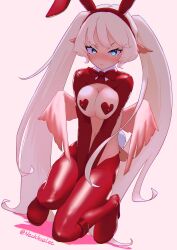 1girls belly_button bird_girl blonde_hair blue_eyes blush covered_nipples embarrassed fake_animal_ears fake_rabbit_ears female female_only heart_pasties indie_virtual_youtuber light-skinned_female light_skin necklesslee nipple_bulge nose_blush pasties red_heart_pasties red_pasties reverse_bunnysuit sivi_(vtuber) twintails virtual_youtuber wings