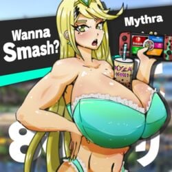 bra breasts bubble_tea bubble_tea_challenge huge_breasts kyza large_breasts mythra nintendo_switch super_smash_bros. super_smash_bros._ultimate sweat tapioca_challenge xenoblade_(series) xenoblade_chronicles_2