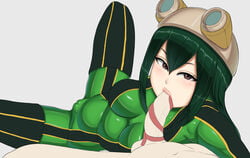 1boy 1boy1girl 1girls abyssdagon bodysuit boots breasts cameltoe clothed fellatio hero_outfit_(mha) human looking_at_viewer mostly_clothed my_hero_academia oral penis sex sketch skin_tight solo_focus spread_legs straight tongue tongue_around_penis tsuyu_asui unseen_male_face work_in_progress