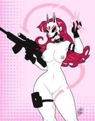 1girls belt_buckle belt_collar breasts casual female firearm fox_mask gloves gun legwear long_hair mask neckwear neon_red neon_white nipples obituarytnsfw obituarytube pale_skin pierced_nipples pink_background pink_hair pussy rifle spread_legs tactical_nudity weapon white_skin wide_hips