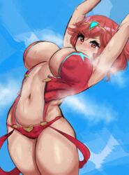 1girls areola areola_slip armpits arms_up belly big_nipples blush breasts circlet cleavage clothed clothes clothing eyes female female_only hair hips huge_breasts large_breasts looking_at_viewer navel nipples_visible_through_clothing pyra red_eyes red_hair silver_queen solo solo_female stomach sweat sweatdrop tagme thick_thighs thighs wide_hips xenoblade_(series) xenoblade_chronicles_2