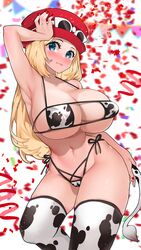 1girls alternate_breast_size armpits big_breasts bikini blonde_hair blue_eyes blush breasts cleavage cow_bikini cow_print curvy_figure eye_contact eyepatch_bikini female female_only hat huge_breasts human human_only large_breasts long_hair looking_at_viewer navel nintendo pokemon pokemon_xy serena_(pokemon) solo square_bikini standing sumisumii sunglasses_on_hat thick_thighs thighhighs thighs