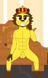 4_toes 5_fingers abs adrieltheghostdog24 animal_crossing animal_genitalia anthro biped brown_eyes brown_mane brown_markings crown detailed_background elvis_(animal_crossing) feet felid fingers fully_sheathed genitals gloves_(marking) hand_on_knee hand_on_leg hi_res leg_markings lion looking_at_viewer male mammal mane markings nintendo pantherine scar sharp_teeth sheath sitting socks_(marking) solo spread_legs spreading teeth toes video_games yellow_body