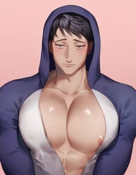 1boy abs bara big_pecs embarrassed male_only moobs muscular_male original pecs saen