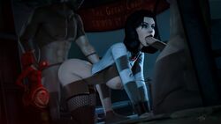 1girls 2boys 3d 3d_(artwork) ambiguous_penetration anal anal_sex ass atlassfm bioshock bioshock_infinite black_hair burial_at_sea butt dat_ass deepthroat_smile doggy_style elizabeth_comstock faceless_male female female_focus fishnet_legwear fishnet_stockings fishnet_thighhighs fishnets lipstick looking_at_viewer makeup male medium_breasts night on_floor open_mouth oral red_lipstick seductive_eyes seductive_look seductive_mouth seductive_smile sex short_hair spitroast thighhighs vaginal_penetration