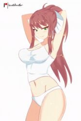 1girls animated armpits arms_behind_head arms_up belly_button bouncing_breasts breasts brown_hair camisole cleavage cowboy_shot crop_top dance dancer dancing doki_doki_literature_club female female_only gif green_eyes hourglass_figure lewddoodler long_hair looking_at_viewer loop medium_breasts midriff monika_(doki_doki_literature_club) navel panties ponytail portrait ribbon seductive sensual skin_tight tank_top tease teasing thighs three-quarter_portrait topwear white_panties white_ribbon white_topwear