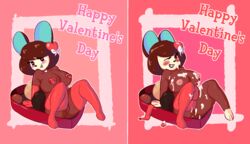 <3_eyes animal_crossing anthro argylesockx blush bodily_fluids breasts candy carmen_(animal_crossing) chocolate clothing cum cum_on_breasts cum_on_face dessert female food genital_fluids gloves handwear heart holidays lagomorph legwear leporid mammal nintendo pasties rabbit solo tights valentine's_day video_games