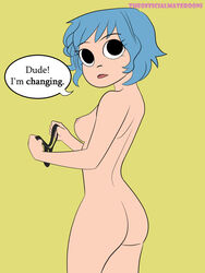 1girls alternate_version_available ass black_eyes blue_hair breasts dialogue female female_only holding_panties nipples nude nude_female ramona_flowers scott_pilgrim sideboob small_ass solo solo_female speech_bubble theofficialmaterooni undressing