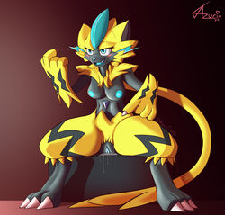 anthro azurioad blush bodily_fluids bodily_fluids_in_pussy breasts cum female genital_fluids genitals hi_res horny_(disambiguation) legendary_pokémon lewd_(disambiguation) nintendo paws pokémon_(species) pokemon precum pussy solo suggestive video_games zeraora