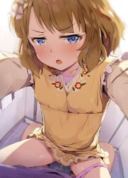 1boy :o blue_eyes blush brown_hair eyebrows_visible_through_hair female flower hair_flower hair_ornament highres idolmaster idolmaster_million_live! looking_at_viewer panties panties_around_one_leg panty_pull peeing pink_panties pov seneto shirt short_hair sitting sitting_on_lap sitting_on_person solo_focus suou_momoko underwear urine yellow_shirt